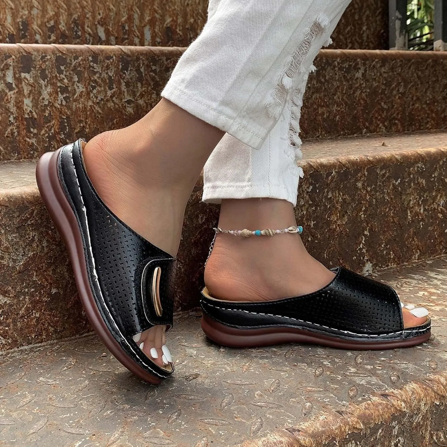 Women Low Wedge Arch Support Sandals Hollow Breathable Orthopedic Ladies Comfort Summer Slippers