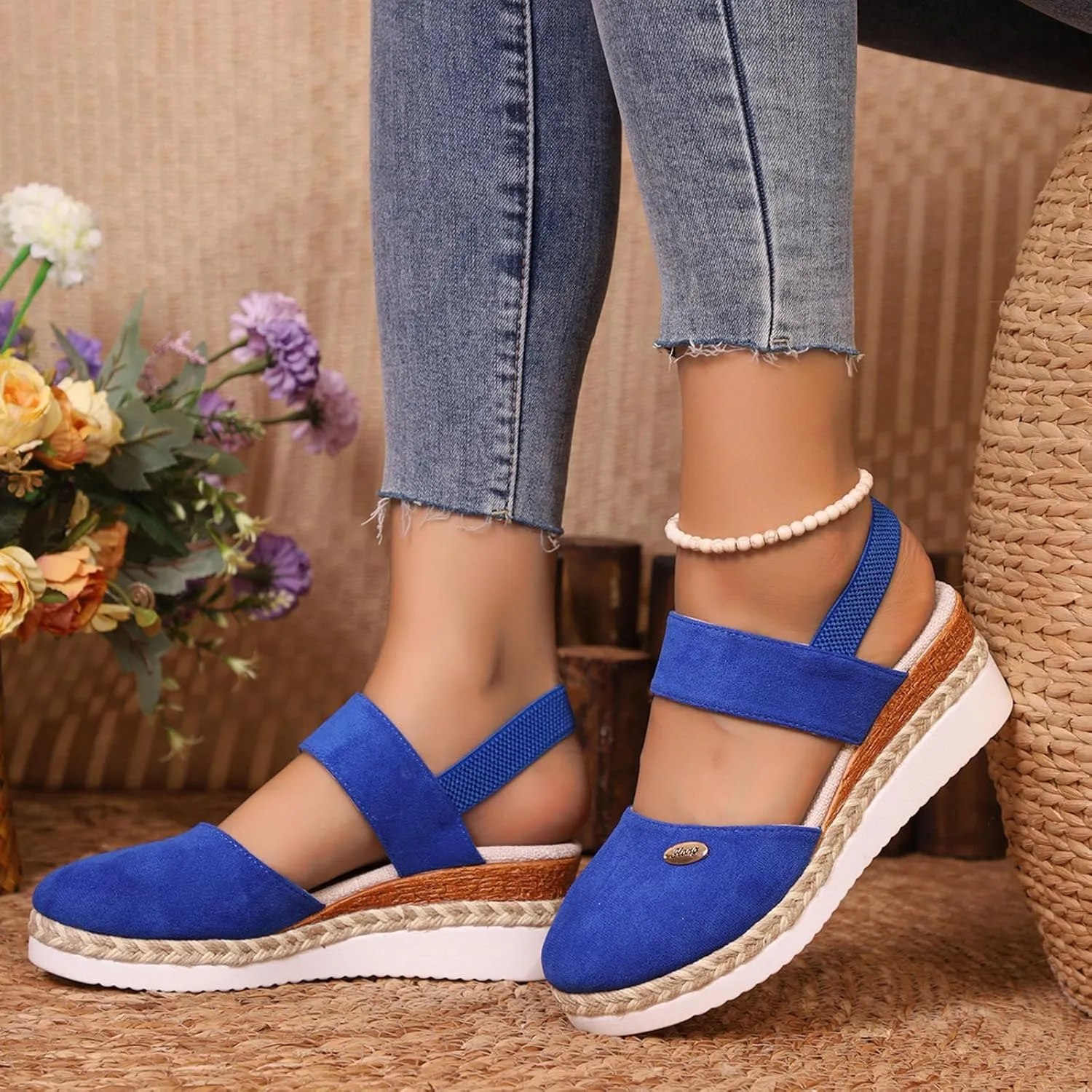 Women Sandals Solid Close Toe Wedge Heeled Sandal Casual Slip on Flats Beach Dress Slippers Comfortable Outdoor Shoes