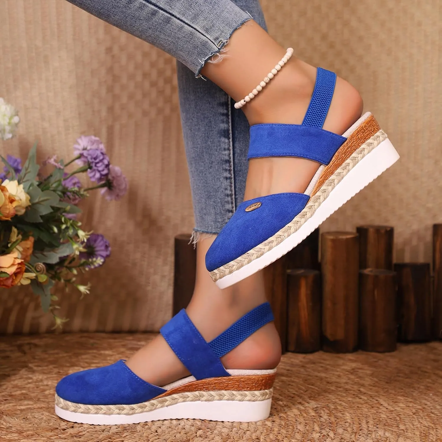 Women Sandals Solid Close Toe Wedge Heeled Sandal Casual Slip on Flats Beach Dress Slippers Comfortable Outdoor Shoes