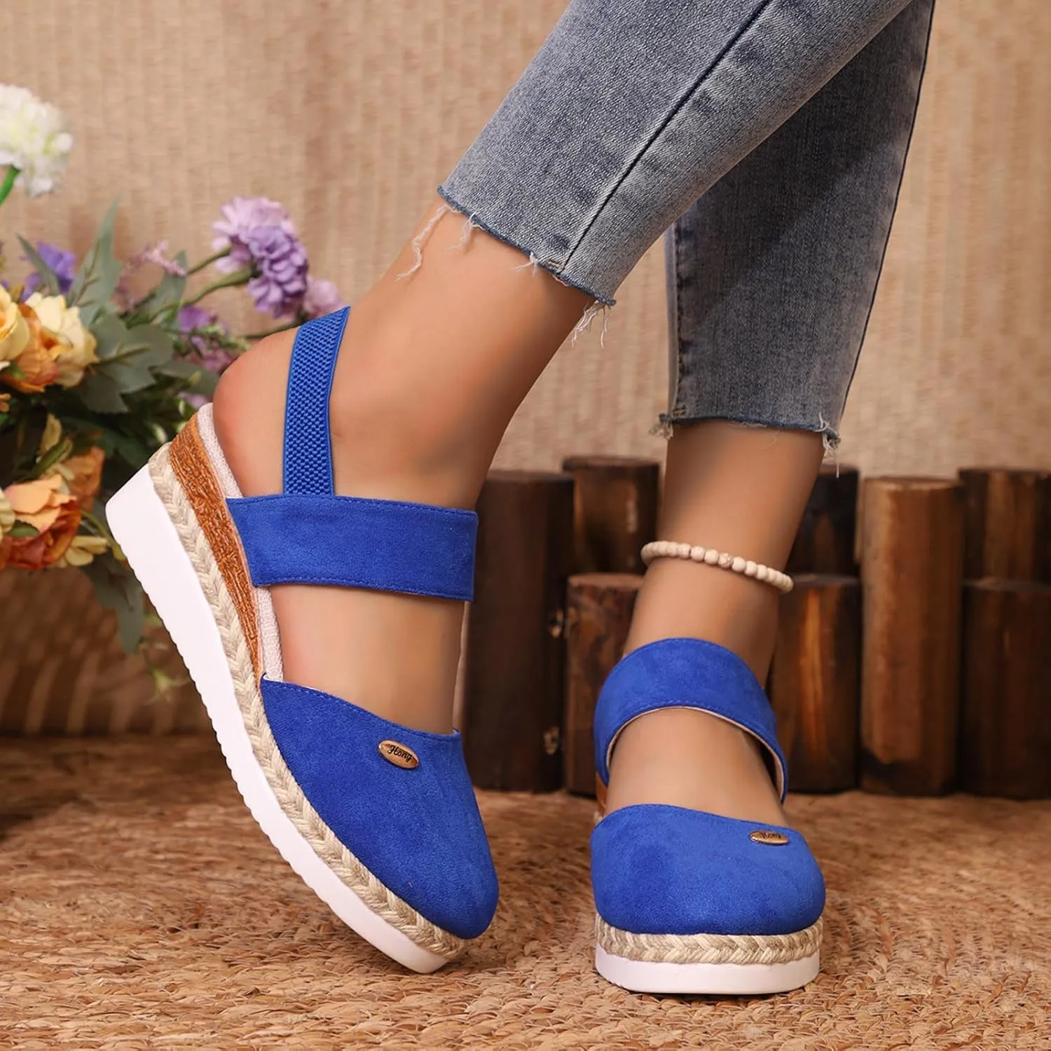 Women Sandals Solid Close Toe Wedge Heeled Sandal Casual Slip on Flats Beach Dress Slippers Comfortable Outdoor Shoes
