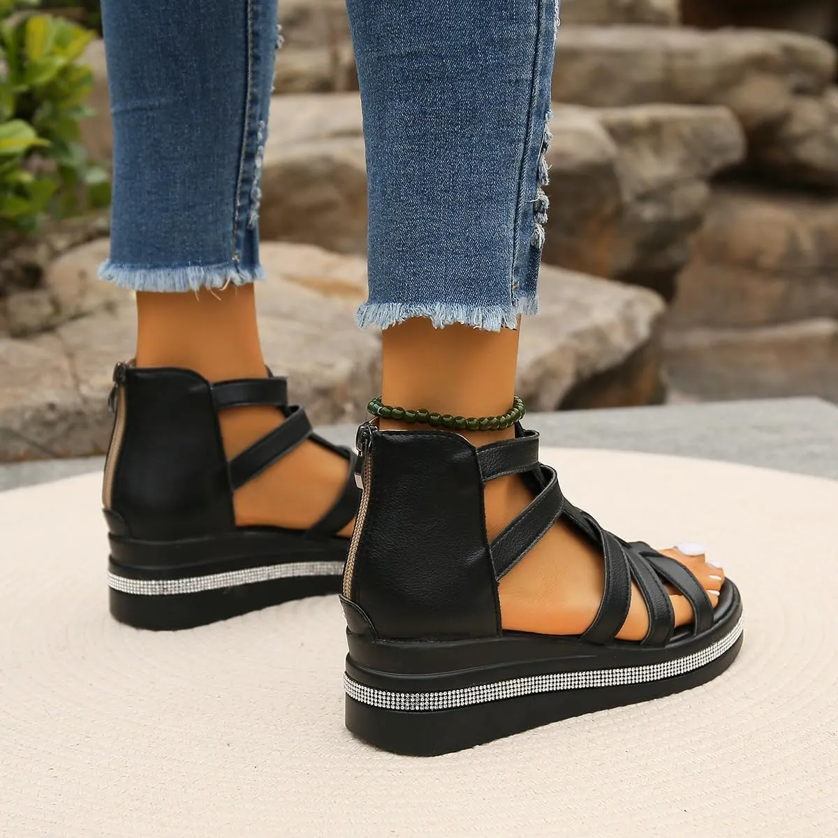 Women Wedge Gladiator Sandals Many Band Open Toe Ankle Strap Fashion Slide Sandal for Women Platform Sandals