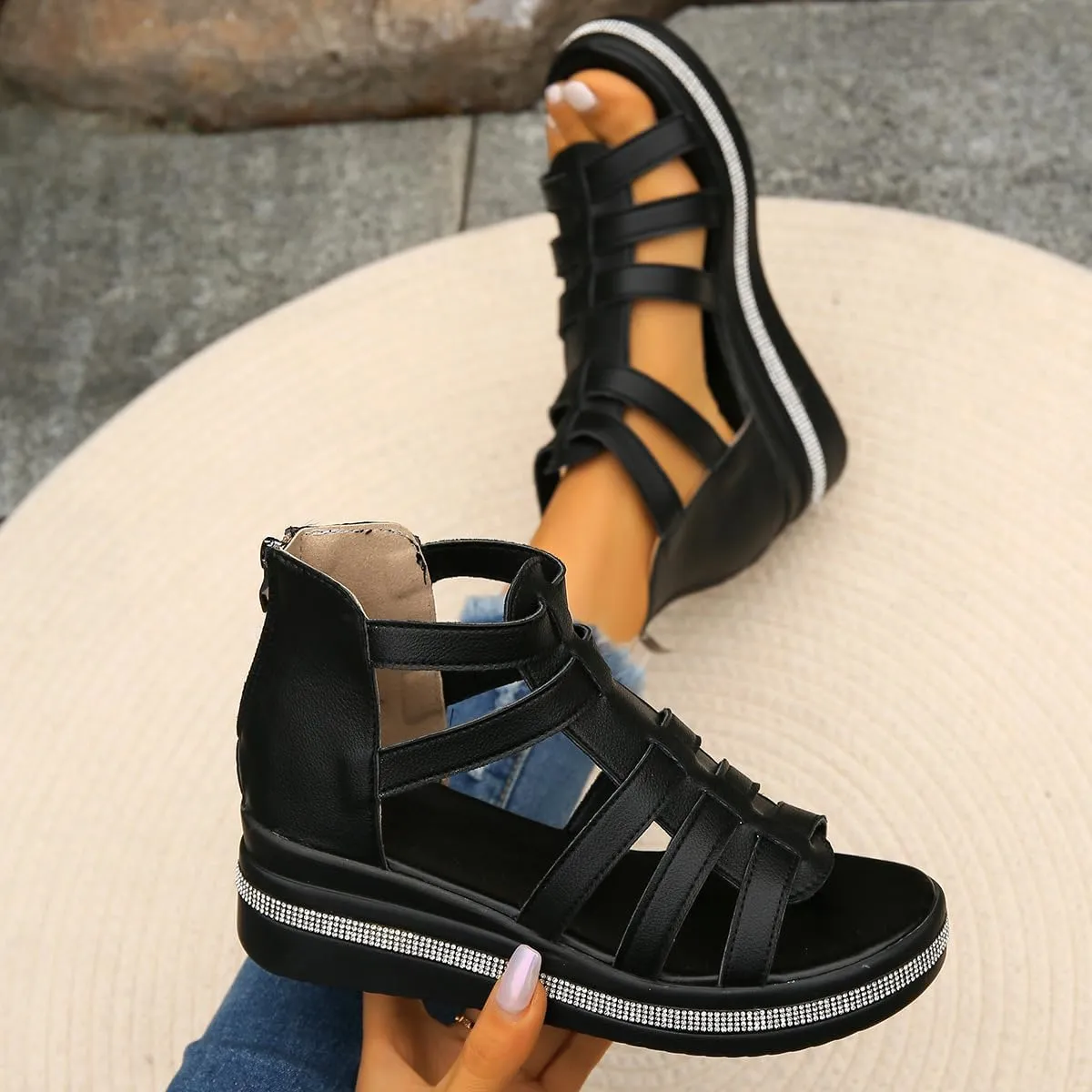 Women Wedge Gladiator Sandals Many Band Open Toe Ankle Strap Fashion Slide Sandal for Women Platform Sandals
