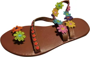 Women's Casual Clip Toe Flats Embroidered Floral Sandal with Ankle Strap Comfortable Boho Sandals for Summer Beach