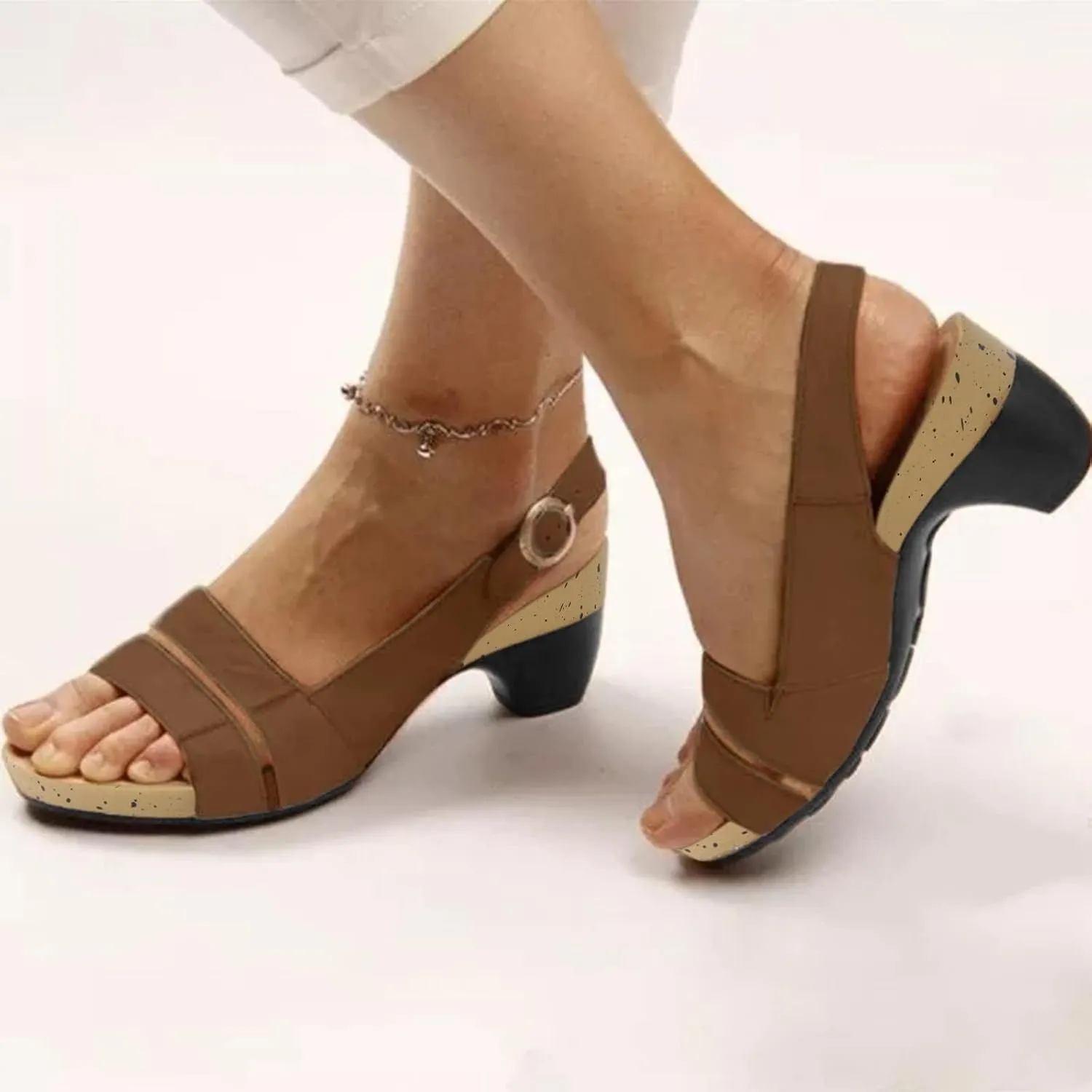 Women's Comfy Orthotic Sandals,Chunky Low Block Heels Orthowalkway Womens Sandals Comfortable Open Toe Wedges Supportive Wide Feet Sandal Summer Casual Walking Shoes A-Brown,7.5