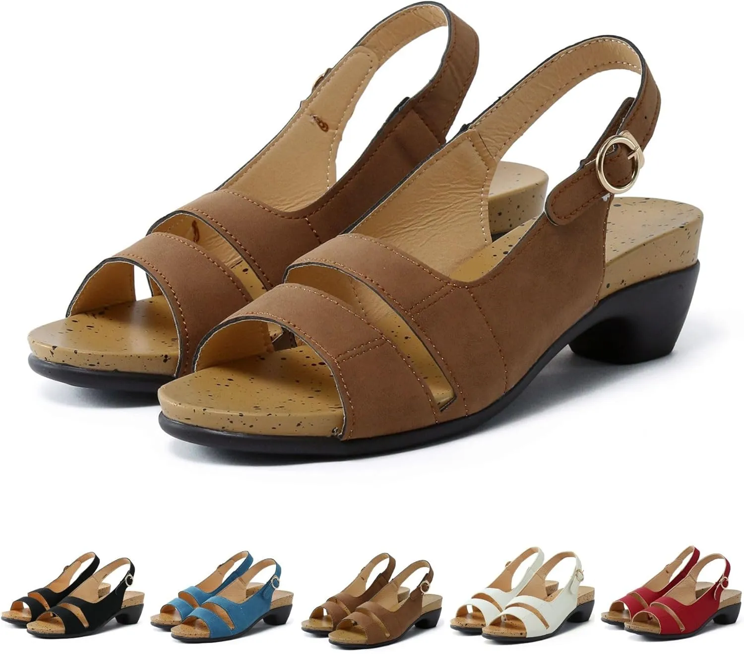 Women's Comfy Orthotic Sandals,Chunky Low Block Heels Orthowalkway Womens Sandals Comfortable Open Toe Wedges Supportive Wide Feet Sandal Summer Casual Walking Shoes A-Brown,7.5