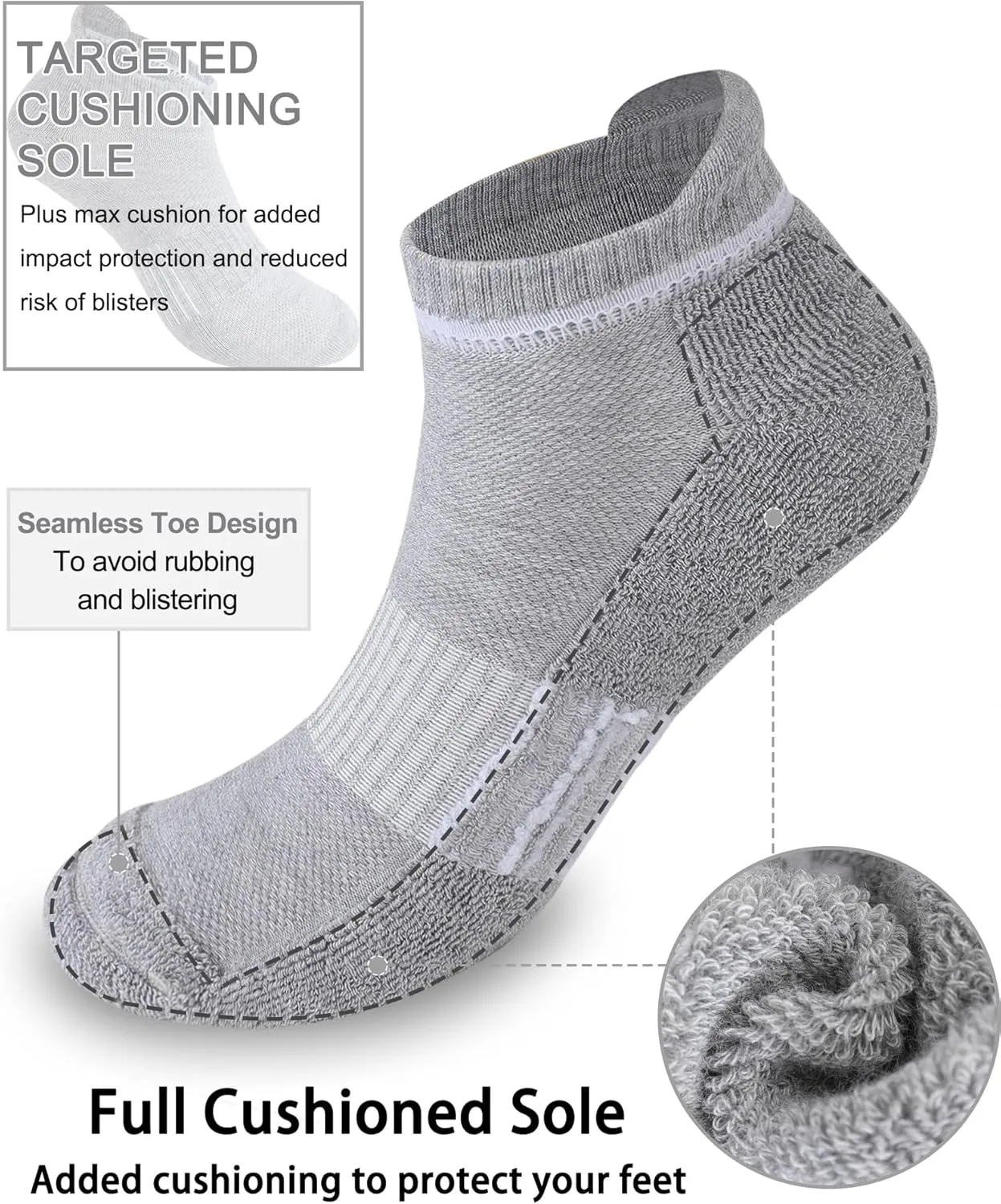 Women's Cushioned Ankle Socks Athletic Running Low Cut Socks 6-9/9-11