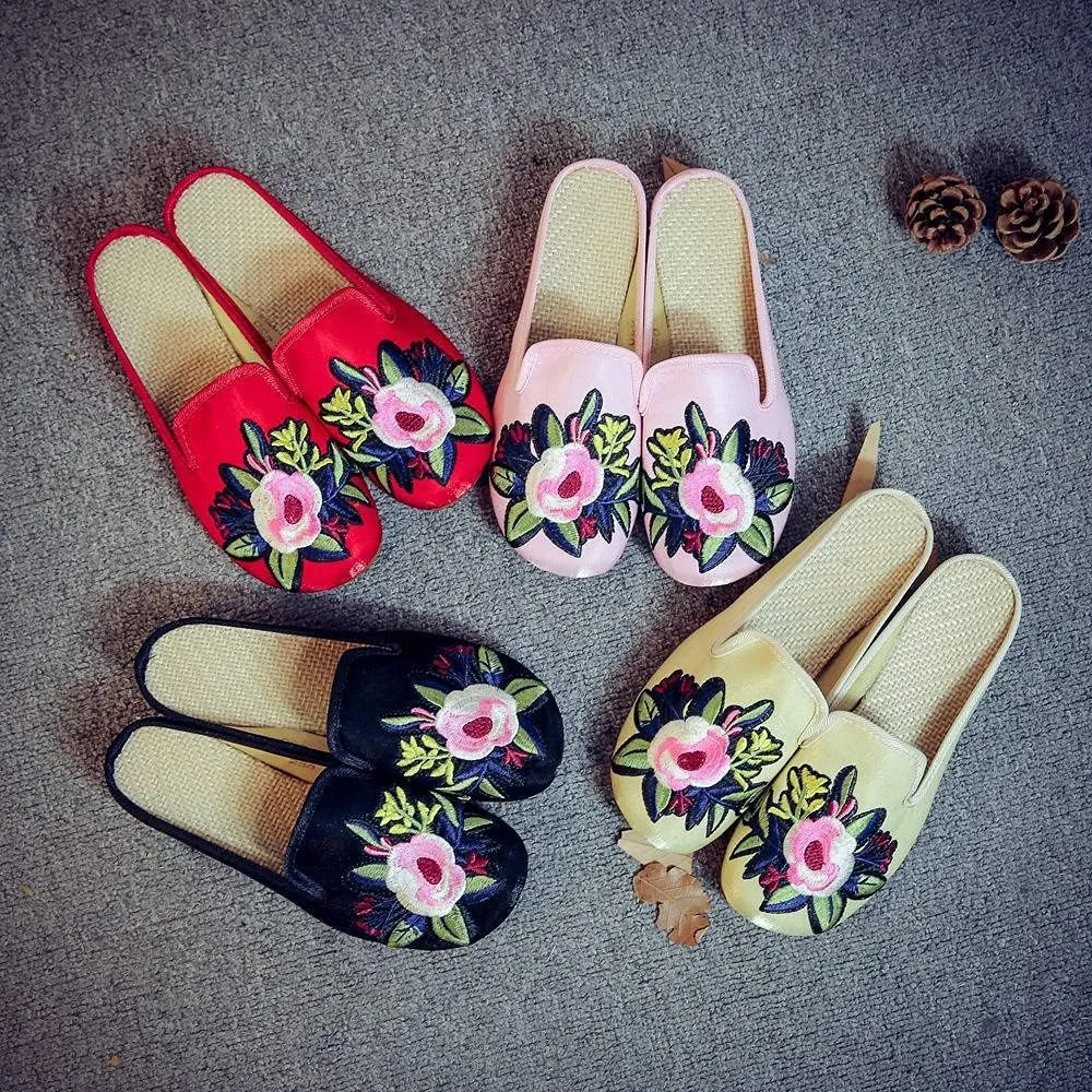 Women's Embroidered Shoes Handmade Retro Floral Embroidered Mules Shoes Women S Flannel Cotton Flat Shoes Embroidered Heels