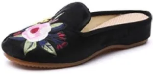 Women's Embroidered Shoes Handmade Retro Floral Embroidered Mules Shoes Women S Flannel Cotton Flat Shoes Embroidered Heels