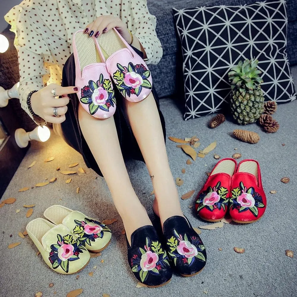 Women's Embroidered Shoes Handmade Retro Floral Embroidered Mules Shoes Women S Flannel Cotton Flat Shoes Embroidered Heels