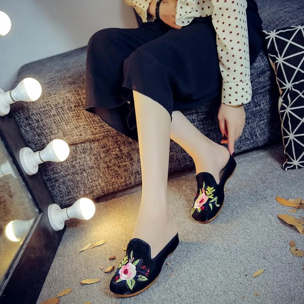 Women's Embroidered Shoes Handmade Retro Floral Embroidered Mules Shoes Women S Flannel Cotton Flat Shoes Embroidered Heels