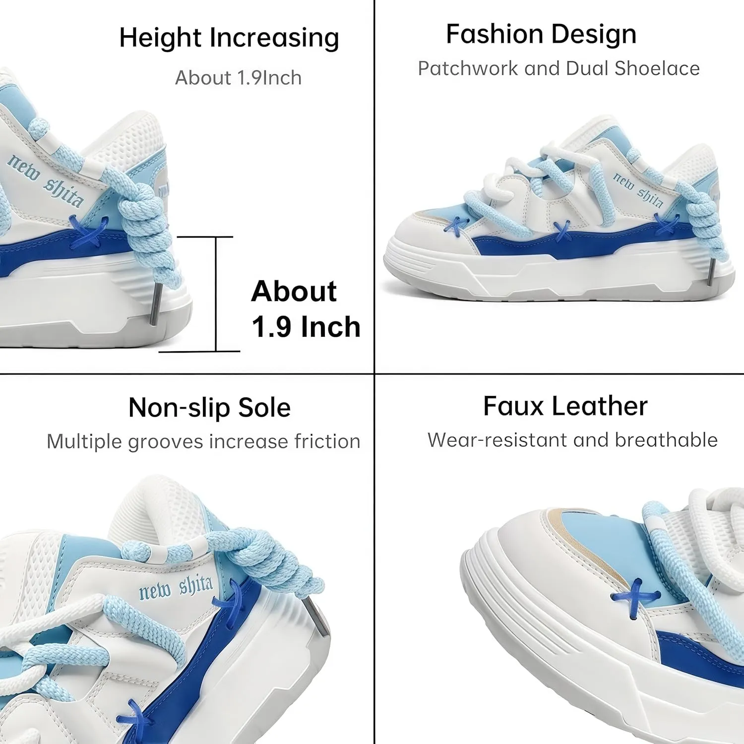 Women’s Faux Leather Fashion Platform Chunky Sneakers Lightweight Breathable Height Increasing Unisex Casual Walking Tennis Running Shoes