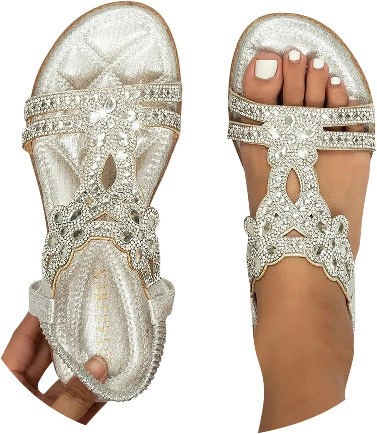 Women's Flat Sandals Summer Beach Sandal Bohemia Shoes T-Strap Rhinestone Beaded Fashion Floral Shoe Sparkle Slides