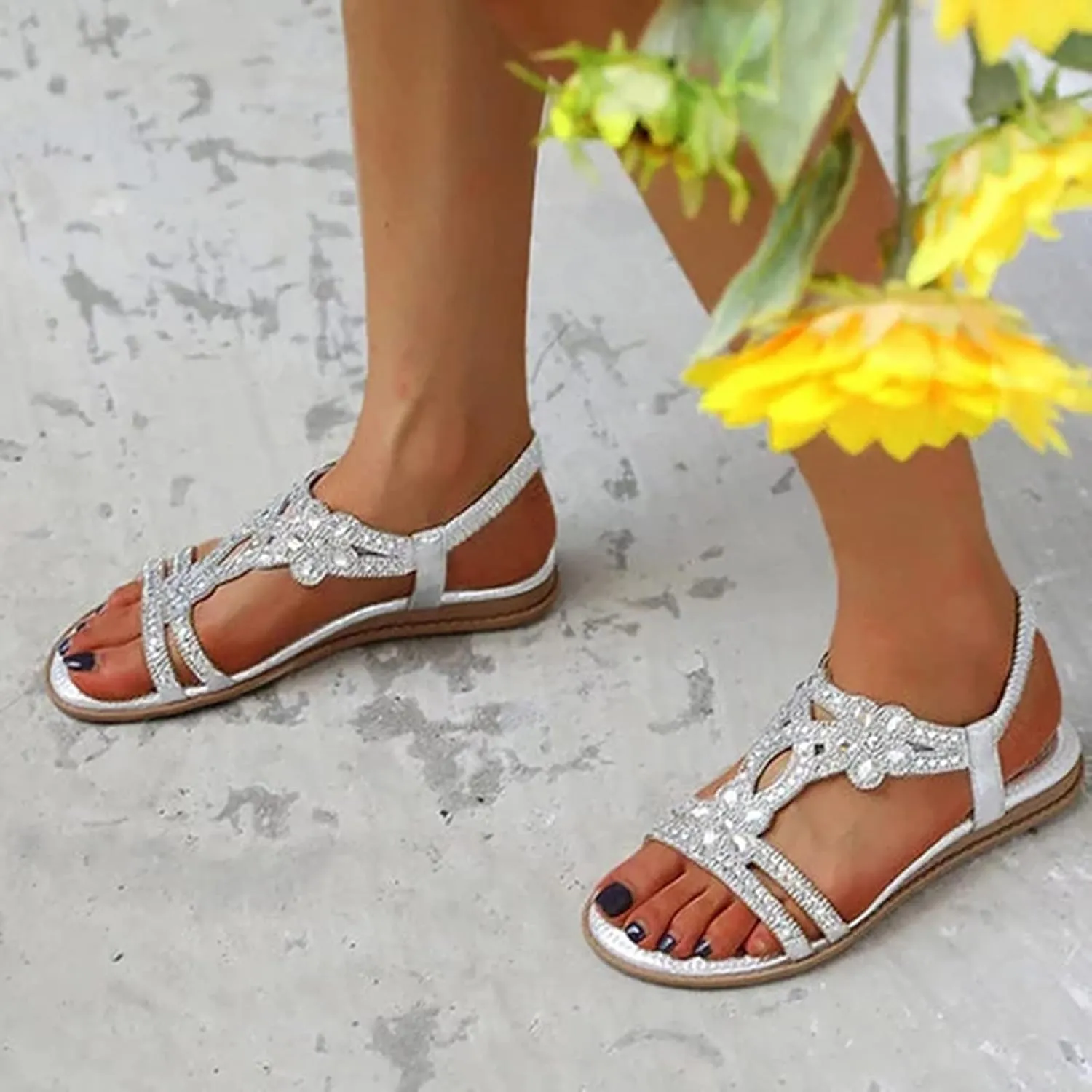 Women's Flat Sandals Summer Beach Sandal Bohemia Shoes T-Strap Rhinestone Beaded Fashion Floral Shoe Sparkle Slides