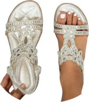 Women's Flat Sandals Summer Beach Sandal Bohemia Shoes T-Strap Rhinestone Beaded Fashion Floral Shoe Sparkle Slides