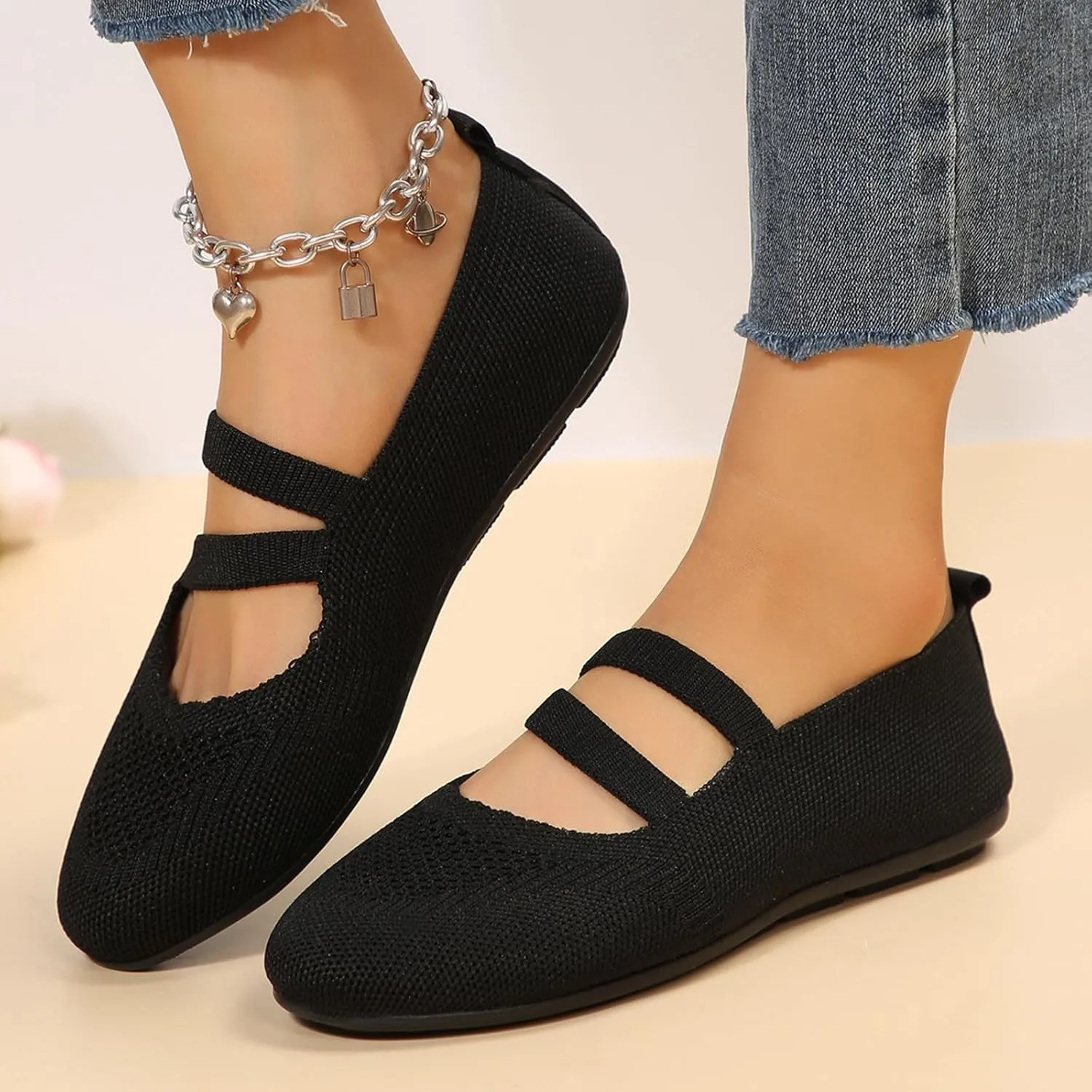 Womens Flat Shoes Knit Ballet Shoes Round Toe Slip on Loafer Casual Business Shoe Comfort Soft Office Flats