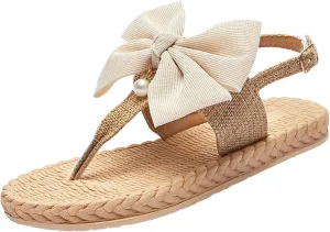 Women’s Jute Woven Flat Sandals with Sparkling Rhinestone Summer T-Strap Adjustable Buckle Sandal for Beachwear