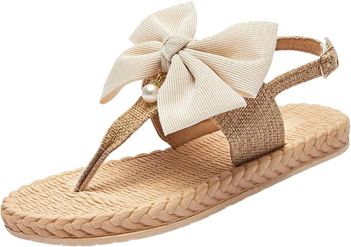 Women’s Jute Woven Flat Sandals with Sparkling Rhinestone Summer T-Strap Adjustable Buckle Sandal for Beachwear