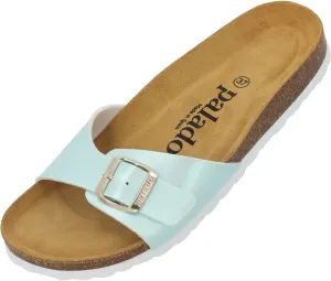 Women's Malta Mules - Elegant Sandals with Adjustable Strap - Slippers for Women with Cork Footbed - Sandals with Natural Leather Outsole, Metallic Verde 29 Green, 10 US