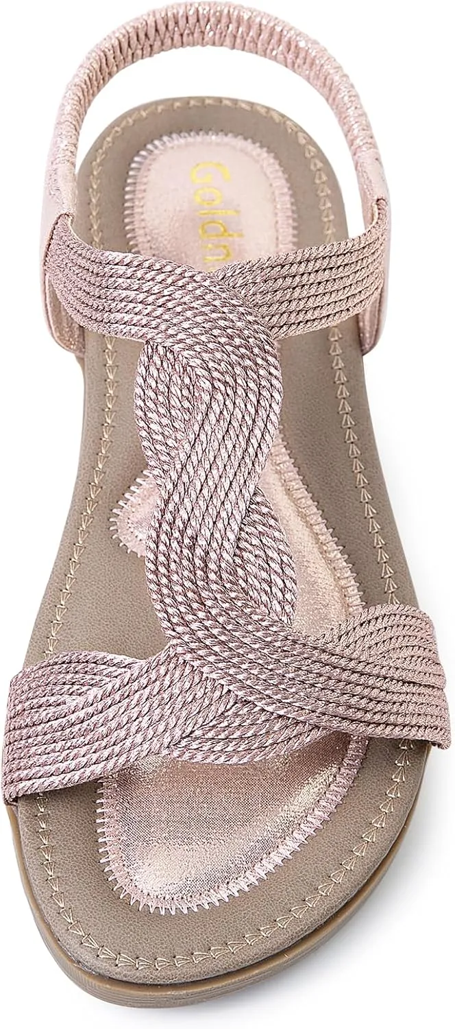Women's Metallic Comfortable Sandals Elastic Ankle Straps Flat Sandal Braid Strap