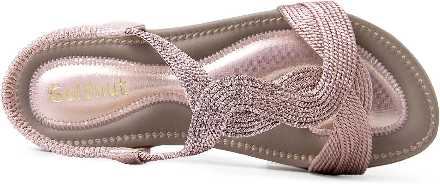 Women's Metallic Comfortable Sandals Elastic Ankle Straps Flat Sandal Braid Strap