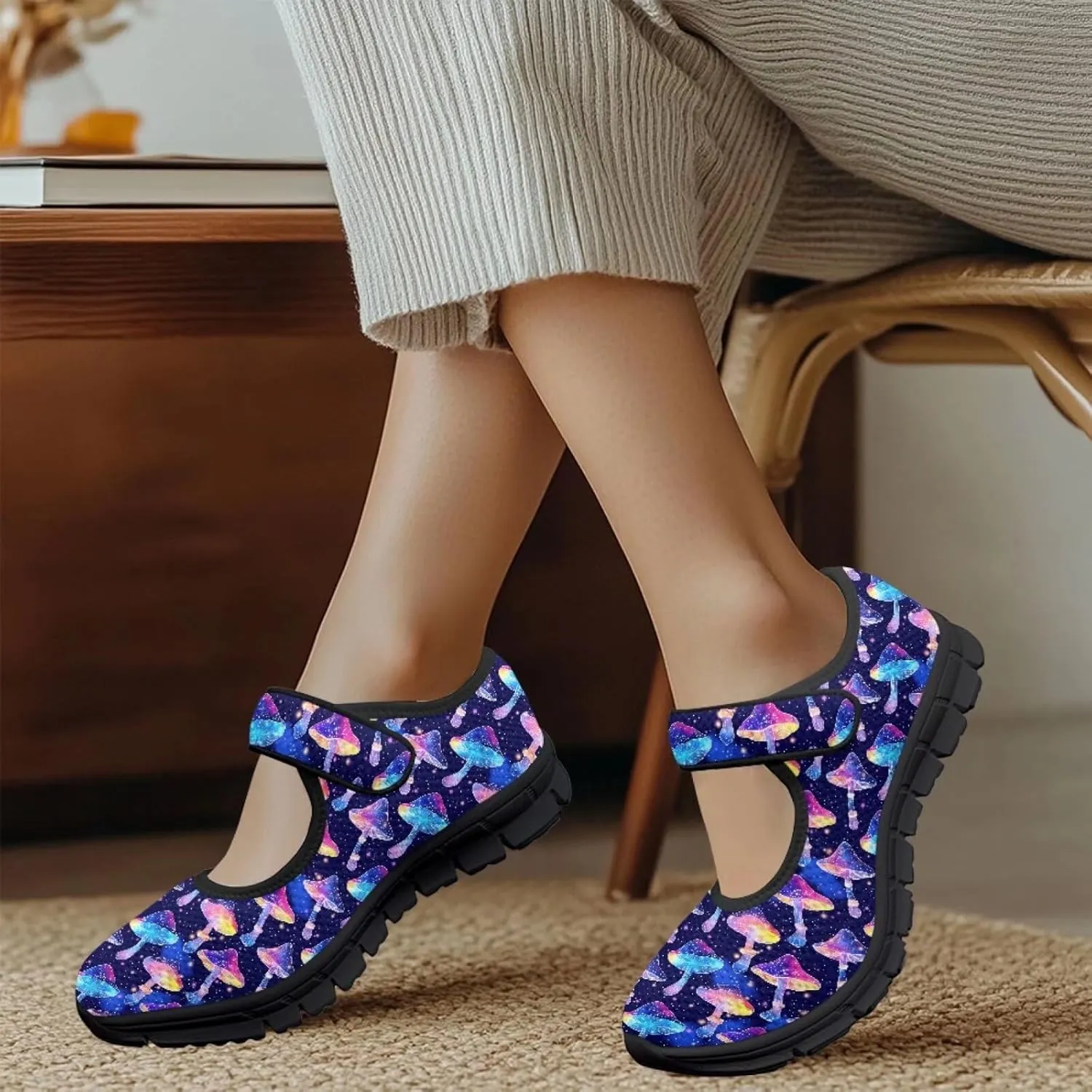 Womens Mushroom Print Mary Jane Flats Breathable Casual Shoes Lightweight Non Slip Fashion Walking Sneakers