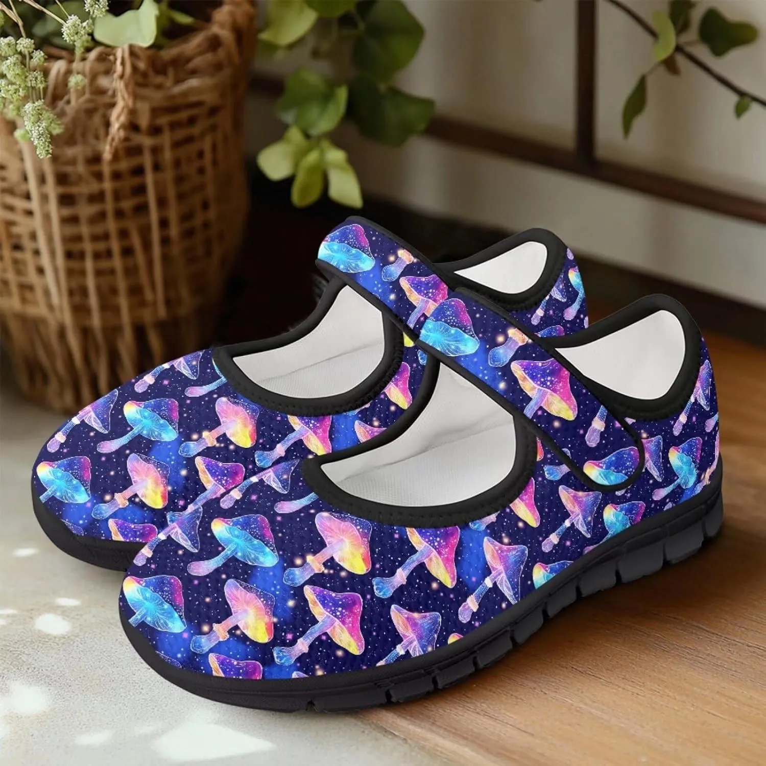 Womens Mushroom Print Mary Jane Flats Breathable Casual Shoes Lightweight Non Slip Fashion Walking Sneakers