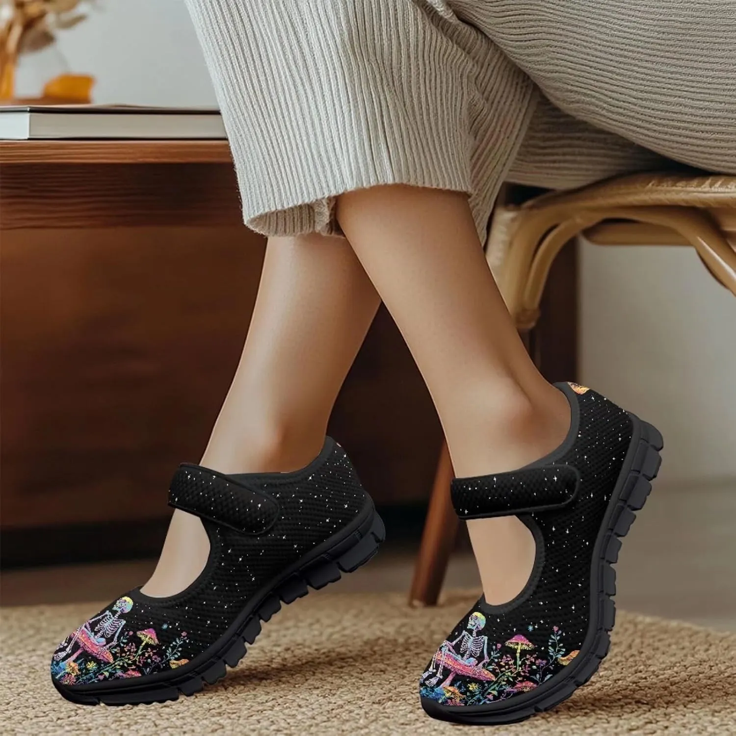 Womens Mushroom Print Mary Jane Flats Breathable Casual Shoes Lightweight Non Slip Fashion Walking Sneakers