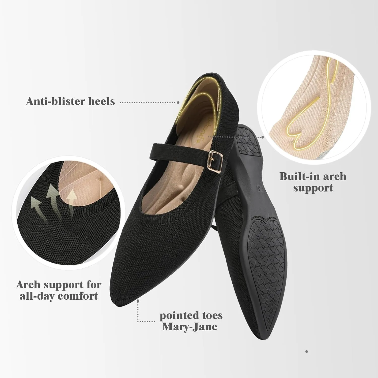 Women's Pointed Toe Knit Mary Jane Ballet Flats for Office Casual Wear Stretchy Dressy Slip-On Shoes with Arch Support