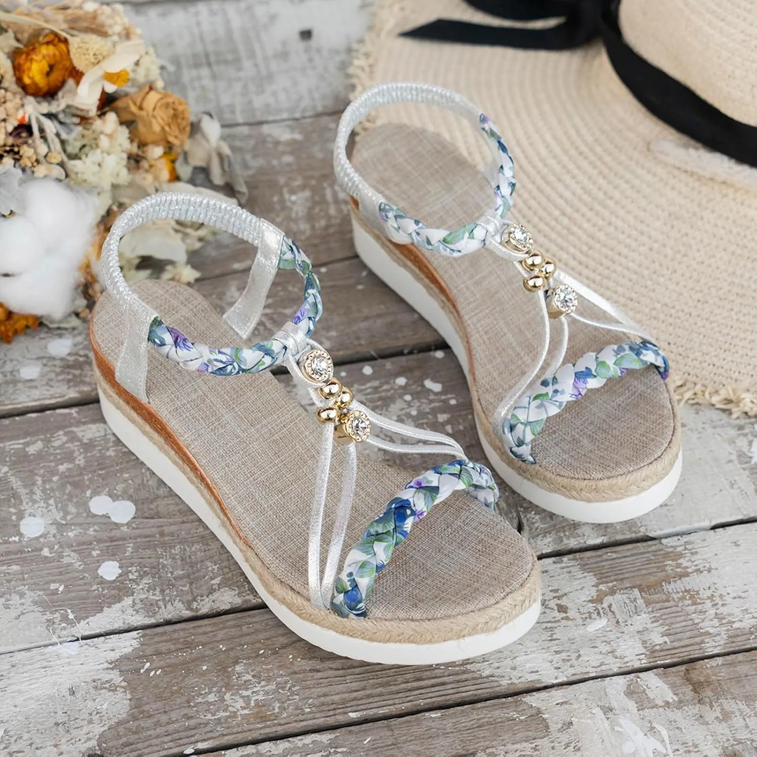 Women's Rhinestone Open Toe High Heel Roman Summer Platform Sandals Summer Low Wedges Comfortable Open Toe Sandals Elastic Ankle Strap Beach Walking Sandals