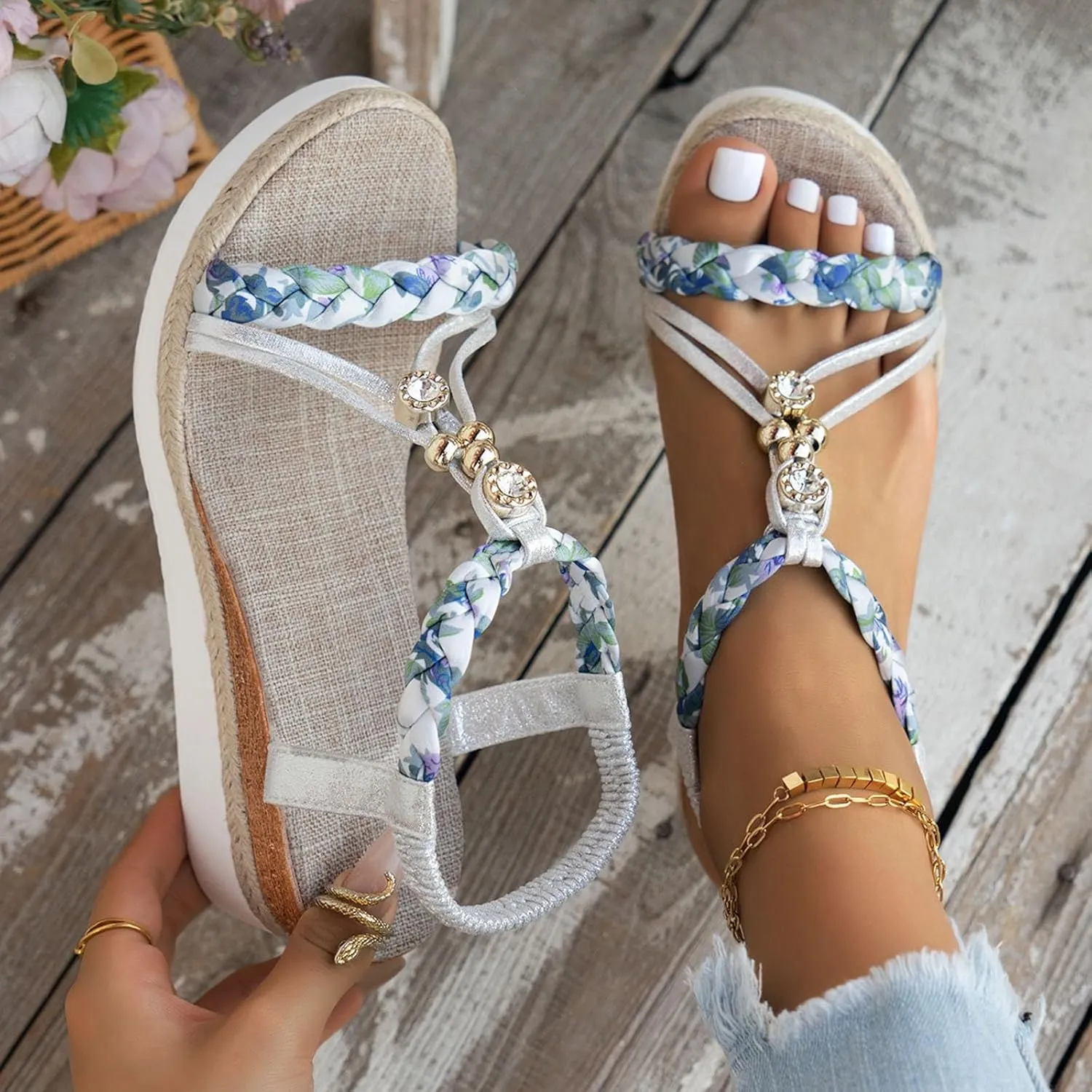 Women's Rhinestone Open Toe High Heel Roman Summer Platform Sandals Summer Low Wedges Comfortable Open Toe Sandals Elastic Ankle Strap Beach Walking Sandals