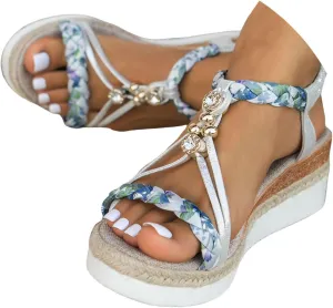 Women's Rhinestone Open Toe High Heel Roman Summer Platform Sandals Summer Low Wedges Comfortable Open Toe Sandals Elastic Ankle Strap Beach Walking Sandals