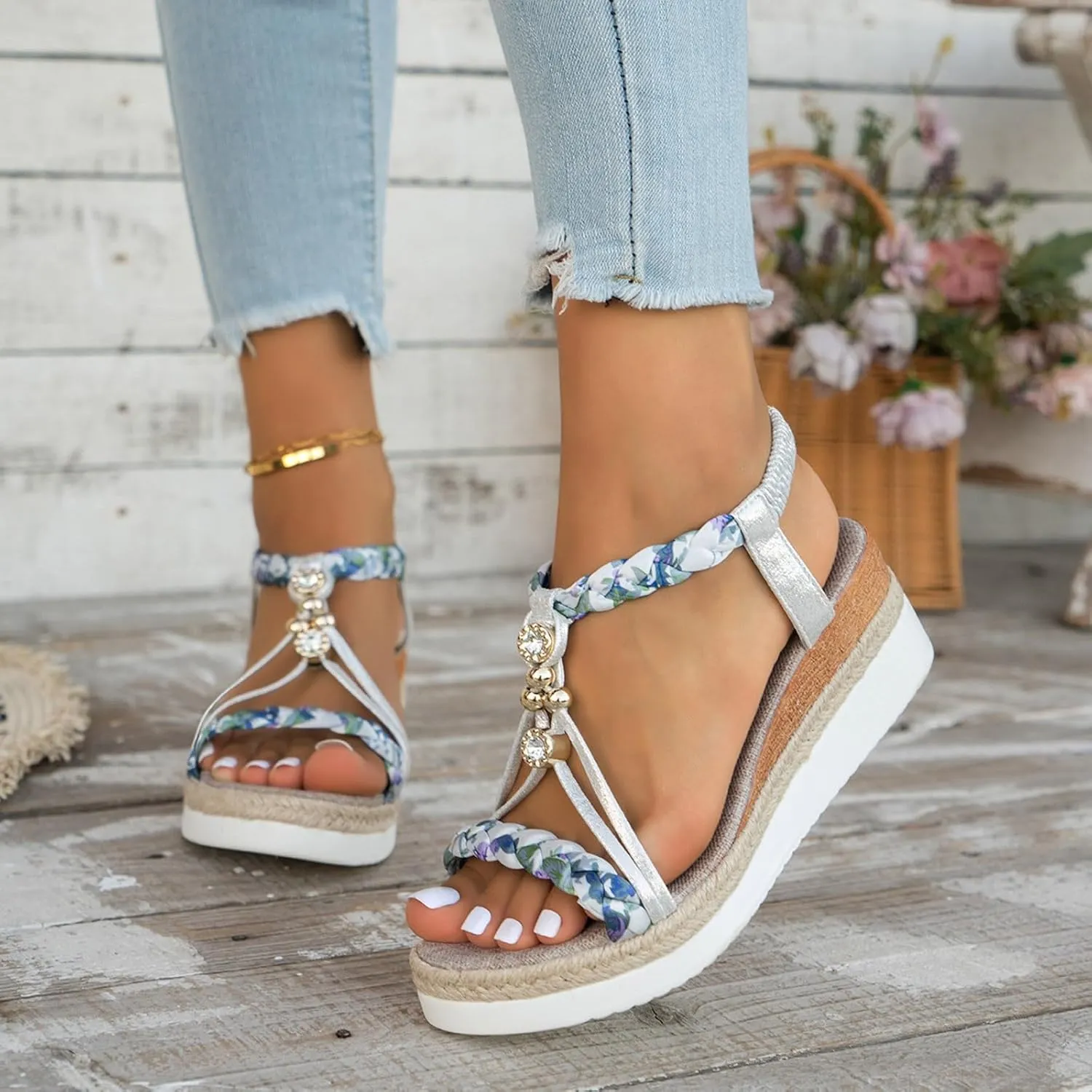 Women's Rhinestone Open Toe High Heel Roman Summer Platform Sandals Summer Low Wedges Comfortable Open Toe Sandals Elastic Ankle Strap Beach Walking Sandals