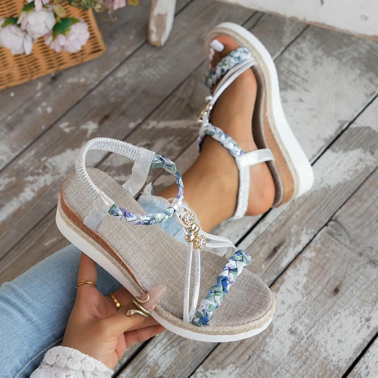 Women's Rhinestone Open Toe High Heel Roman Summer Platform Sandals Summer Low Wedges Comfortable Open Toe Sandals Elastic Ankle Strap Beach Walking Sandals