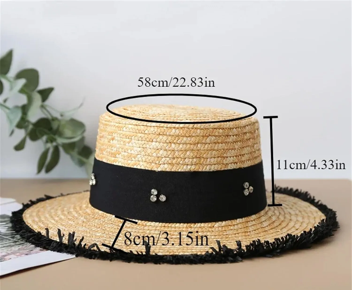 Women's Rhinestones Flat Top Straw Hat Summer Seaside Vacation Beach Hat