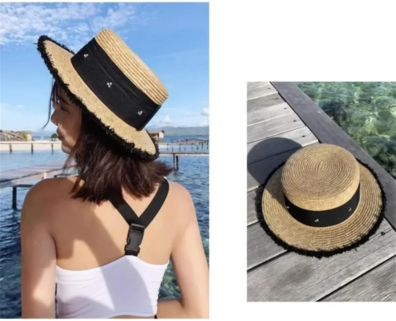 Women's Rhinestones Flat Top Straw Hat Summer Seaside Vacation Beach Hat