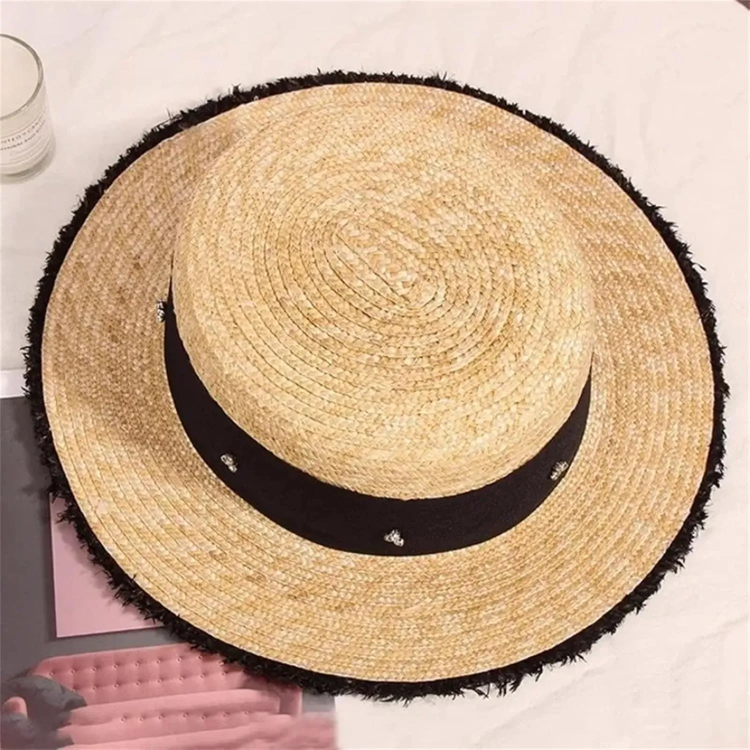 Women's Rhinestones Flat Top Straw Hat Summer Seaside Vacation Beach Hat