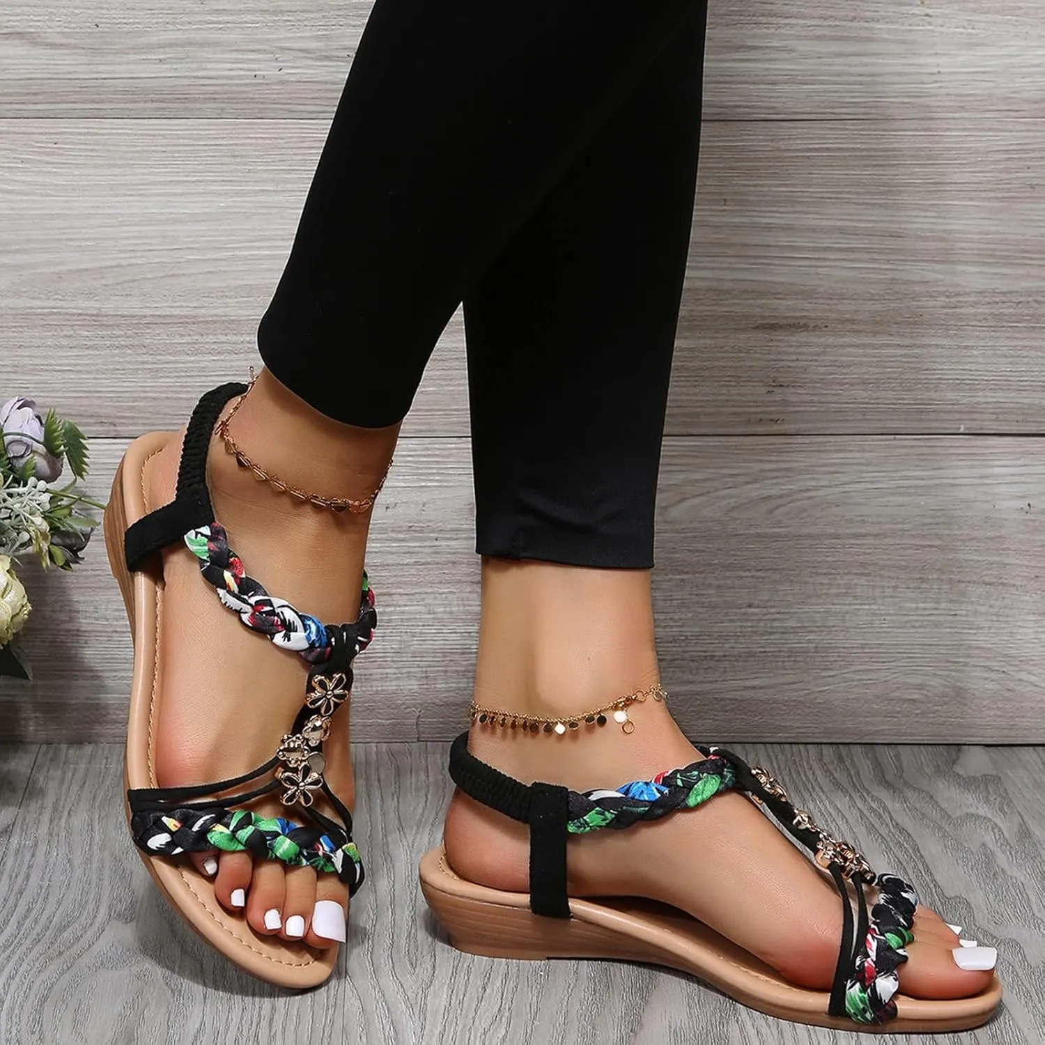 Womens Sandals Comfortable Arch Support Metallic Slip-on Casual Beach Shoes Rhinestone Beaded Sparkly Bling Bohemian Sandal Ankle Strap Beach Shoes