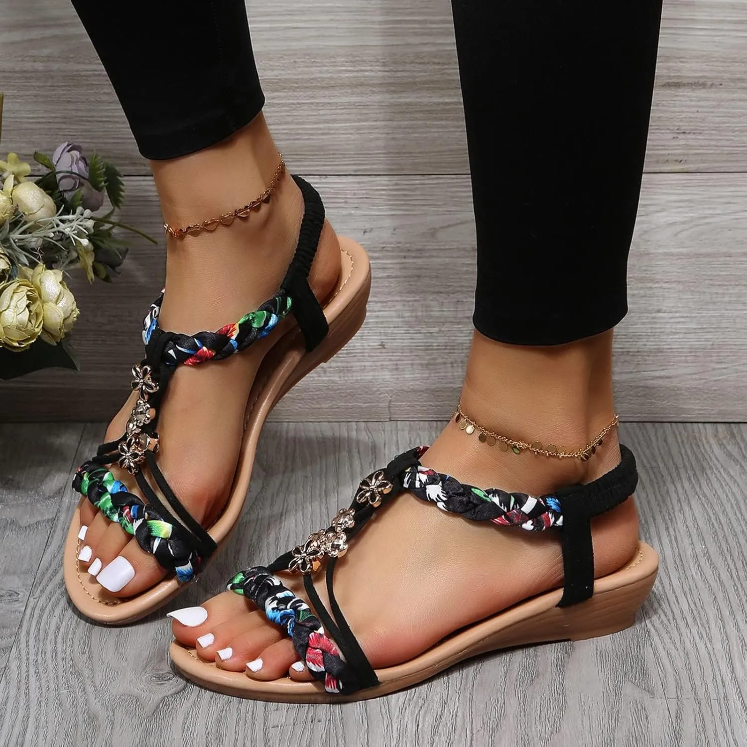 Womens Sandals Comfortable Arch Support Metallic Slip-on Casual Beach Shoes Rhinestone Beaded Sparkly Bling Bohemian Sandal Ankle Strap Beach Shoes