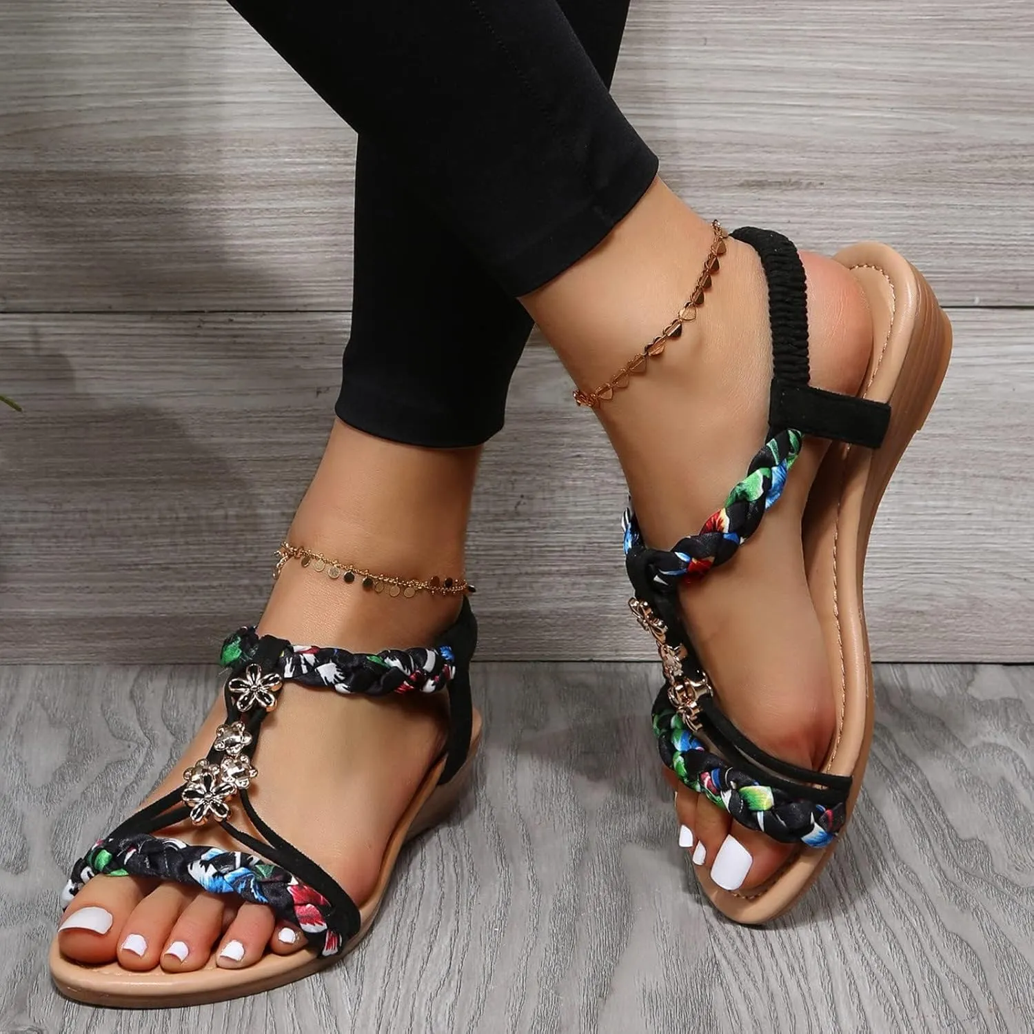 Womens Sandals Comfortable Arch Support Metallic Slip-on Casual Beach Shoes Rhinestone Beaded Sparkly Bling Bohemian Sandal Ankle Strap Beach Shoes