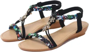 Womens Sandals Comfortable Arch Support Metallic Slip-on Casual Beach Shoes Rhinestone Beaded Sparkly Bling Bohemian Sandal Ankle Strap Beach Shoes
