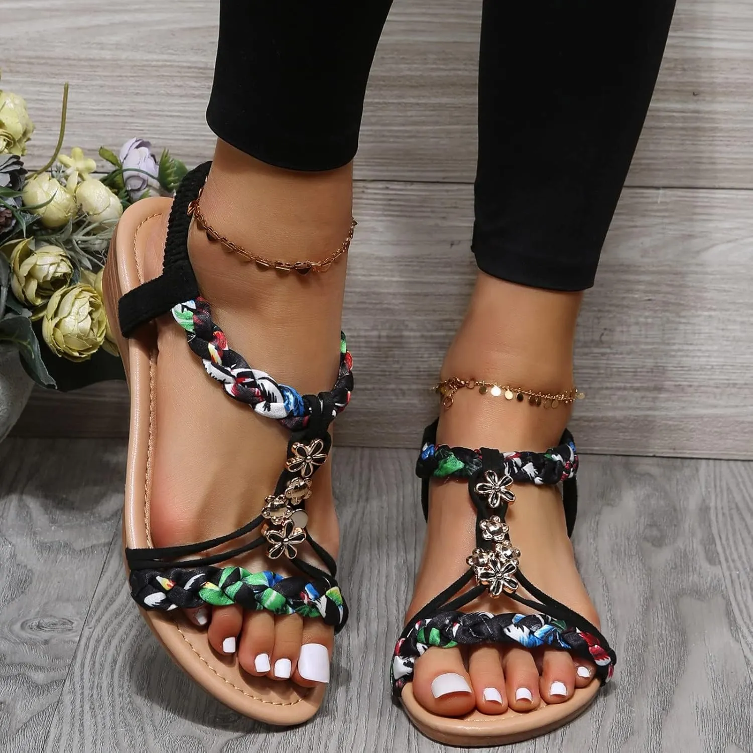 Womens Sandals Comfortable Arch Support Metallic Slip-on Casual Beach Shoes Rhinestone Beaded Sparkly Bling Bohemian Sandal Ankle Strap Beach Shoes