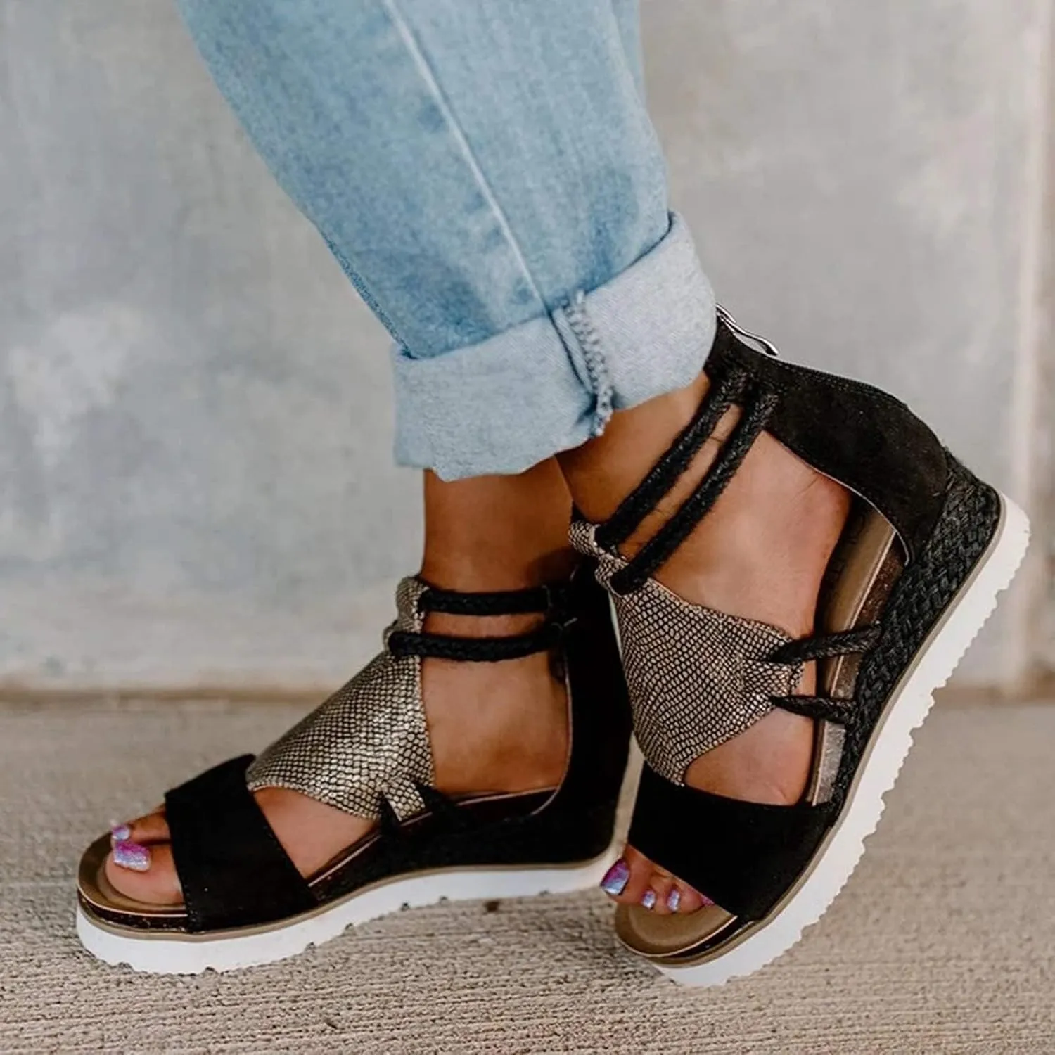 Womens Sandals Summer Dressy Comfortable Bohemia Rhinestone Wedge Sandals for Women Slide Slip On Beach Sandals