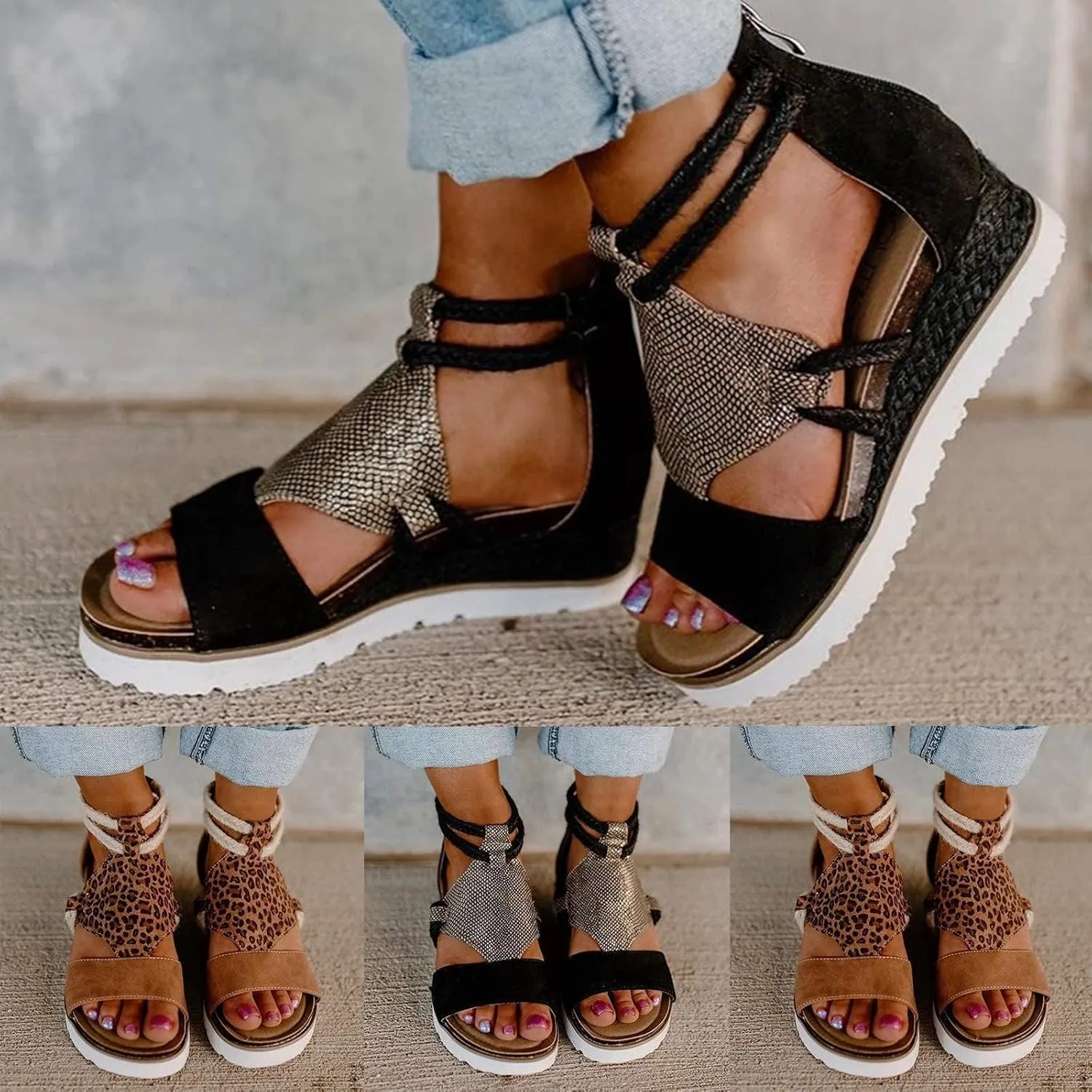 Womens Sandals Summer Dressy Comfortable Bohemia Rhinestone Wedge Sandals for Women Slide Slip On Beach Sandals