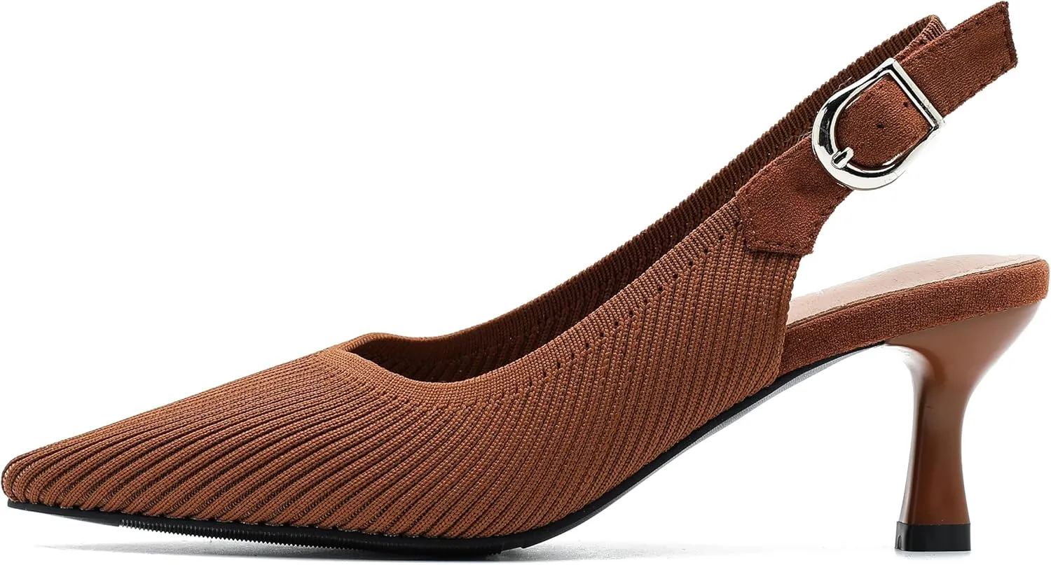 Women's Slingback Kitten Heels Pointed Toe Knit Pumps Slip On Dress Shoes