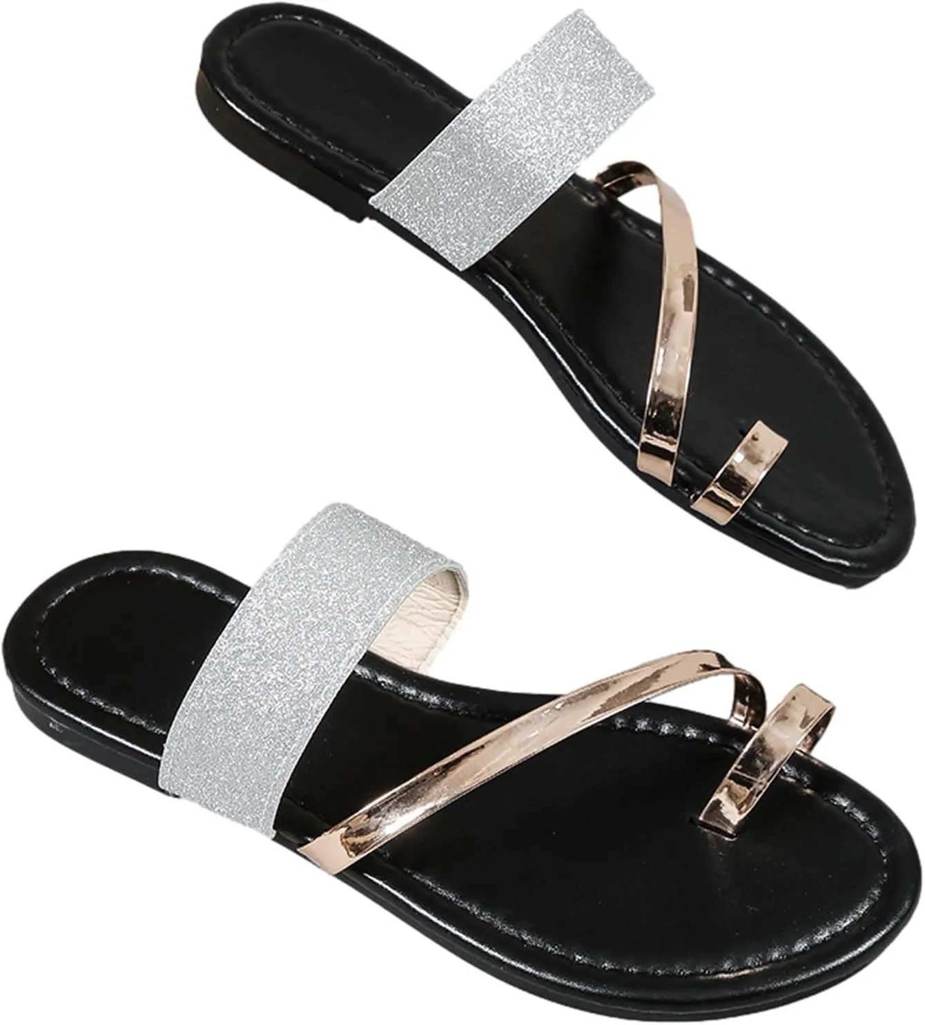 Women's Stylish Metallic Flat Sandals Sequins Slip-On Slides Flats Casual Clip Toe Slippers Sandal for Summer Beach