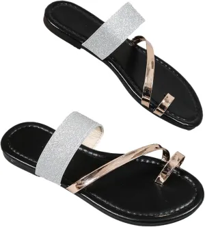 Women's Stylish Metallic Flat Sandals Sequins Slip-On Slides Flats Casual Clip Toe Slippers Sandal for Summer Beach