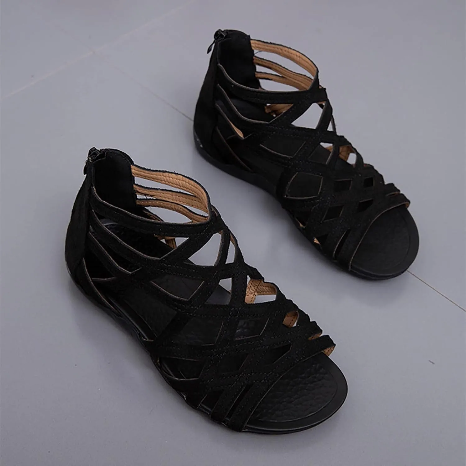 Women’s Vintage Suede Sandals Strappy Hollow Out Flats Summer Beach Sandal Shoes with Zip Back for Comfort Walking
