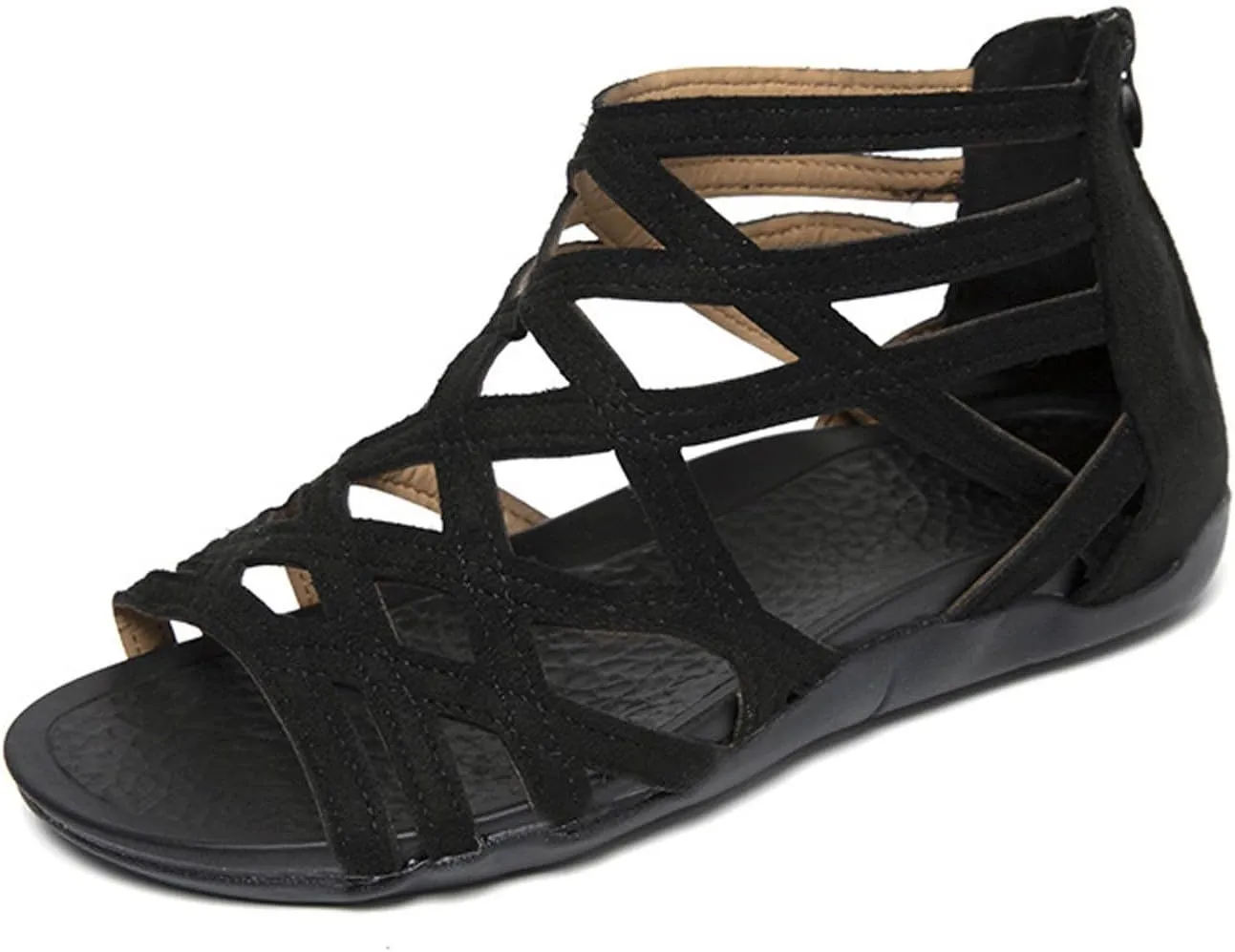 Women’s Vintage Suede Sandals Strappy Hollow Out Flats Summer Beach Sandal Shoes with Zip Back for Comfort Walking