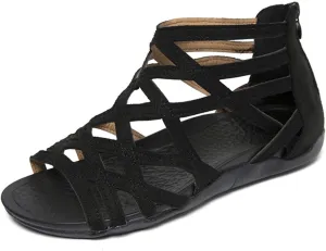 Women’s Vintage Suede Sandals Strappy Hollow Out Flats Summer Beach Sandal Shoes with Zip Back for Comfort Walking