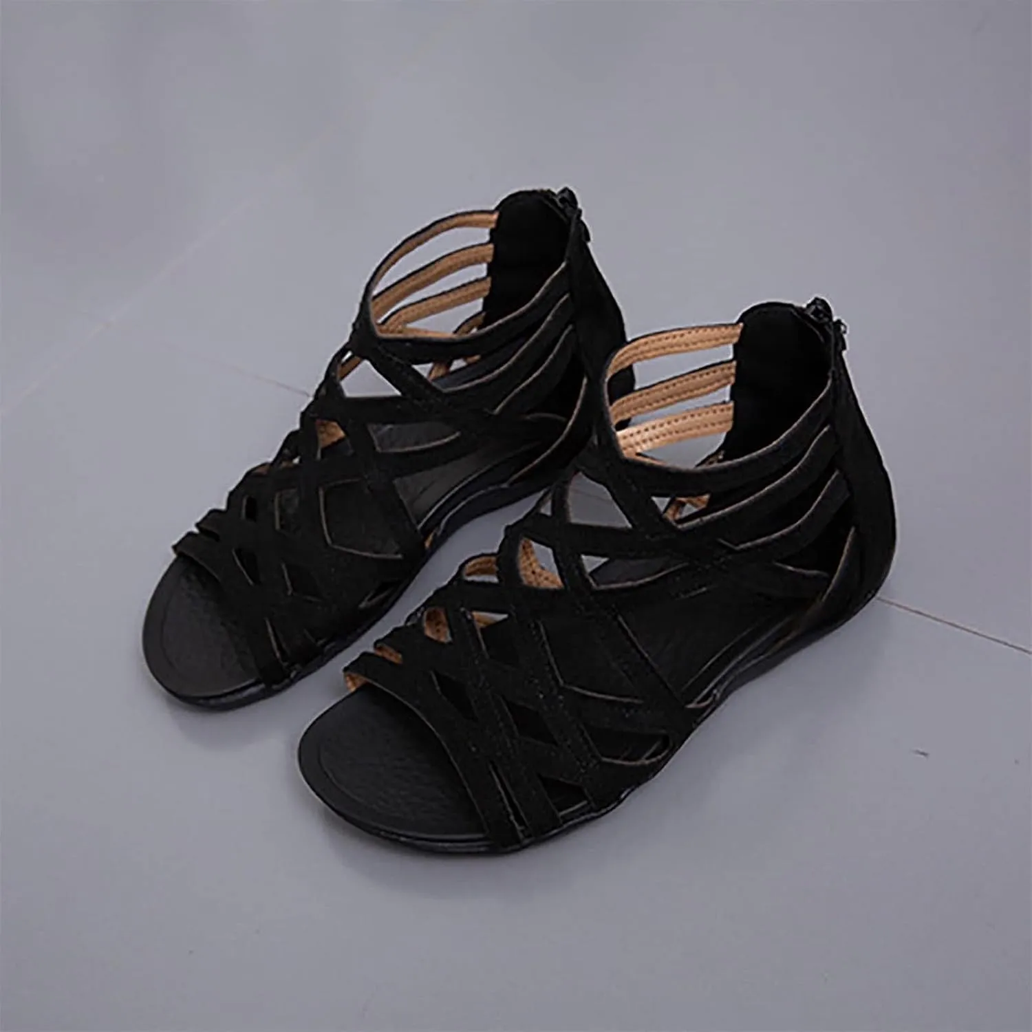 Women’s Vintage Suede Sandals Strappy Hollow Out Flats Summer Beach Sandal Shoes with Zip Back for Comfort Walking
